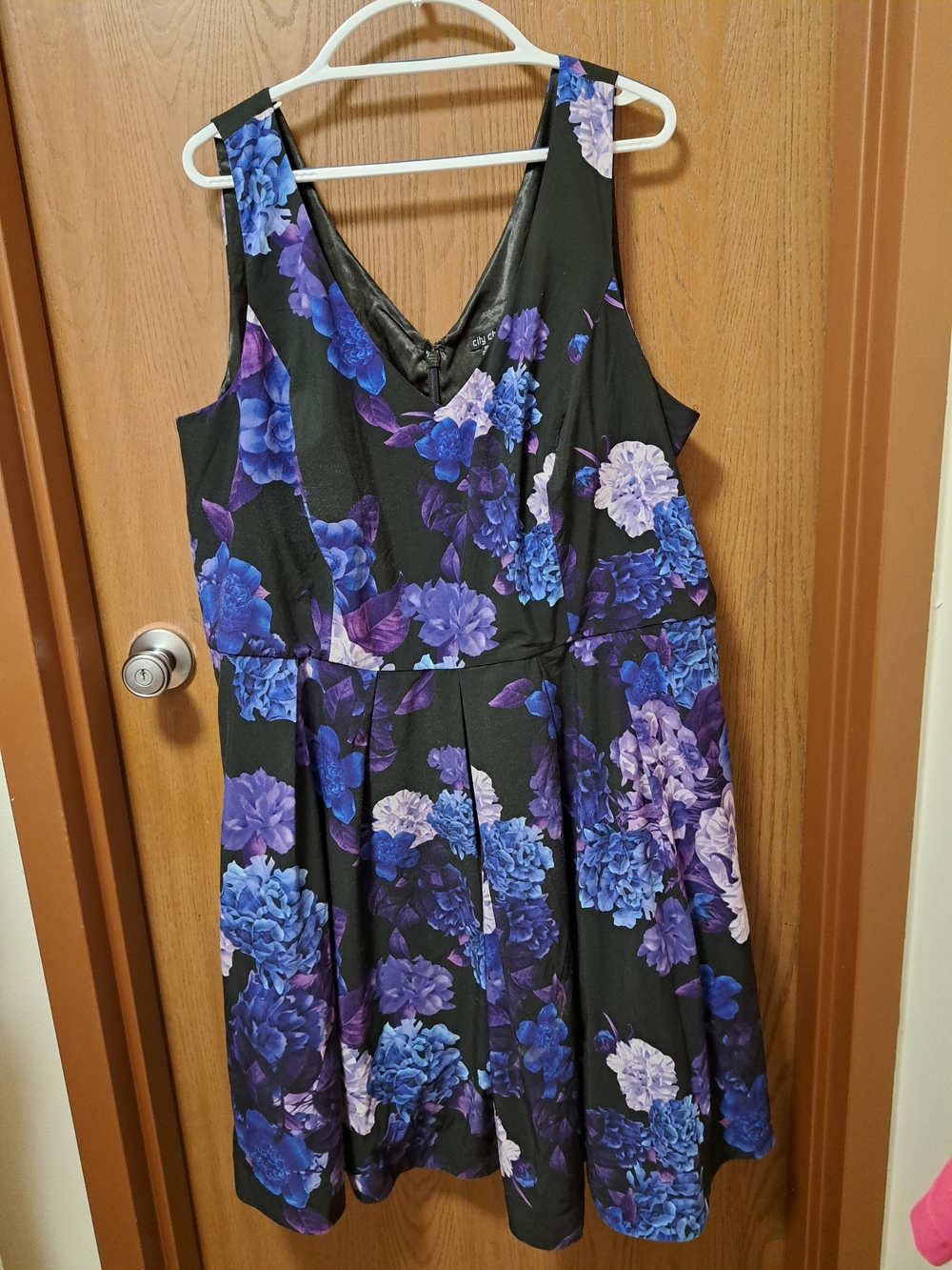 City Chic Black Sleeveless Fit & Flare Dress with Blue and Purple Floral Print